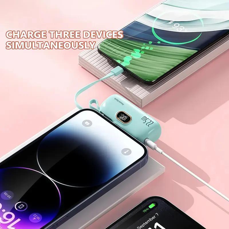 22.5W fast charging in the palm of your hand! 5000mAh mini power station | Dual ports simultaneously (C + A) | Smart digital display of battery level | Approximately the size of a credit card | Plug and play with all iPhone 11-17 models