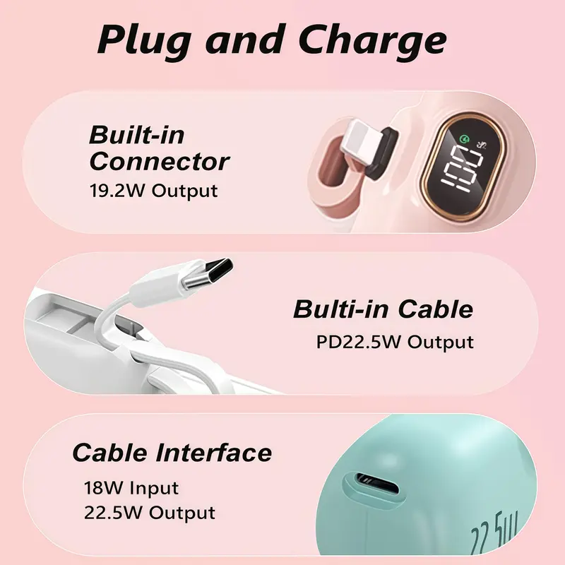 22.5W fast charging in the palm of your hand! 5000mAh mini power station | Dual ports simultaneously (C + A) | Smart digital display of battery level | Approximately the size of a credit card | Plug and play with all iPhone 11-17 models