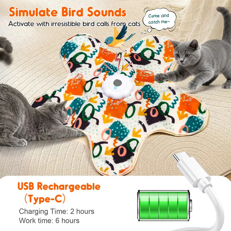 Minmin's House Interactive Kitten Wand Teaser Toy with Lifelike Bird Chirp Rechargeable Hidden Feathers for Indoor Exercise Boredom Relief Anti Depression Fun Gift for Cats