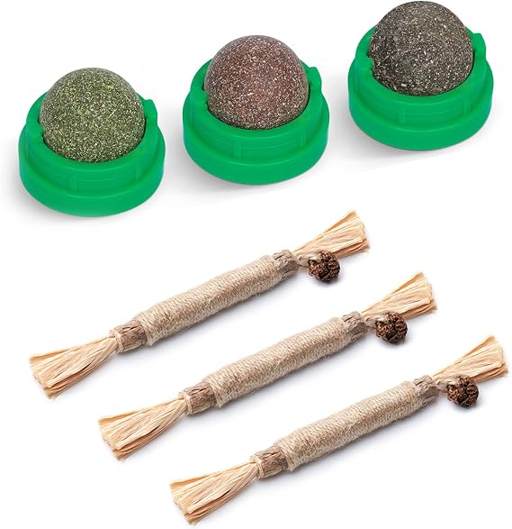 Potaroma 3 Catnip Balls and 3 Silvervine Sticks Cat Toys Bundle