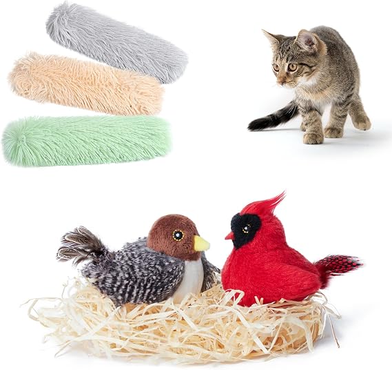 Potaroma 3 Pack Cat Pillows Catnip Toys and 2 Pcs Chirping Birds