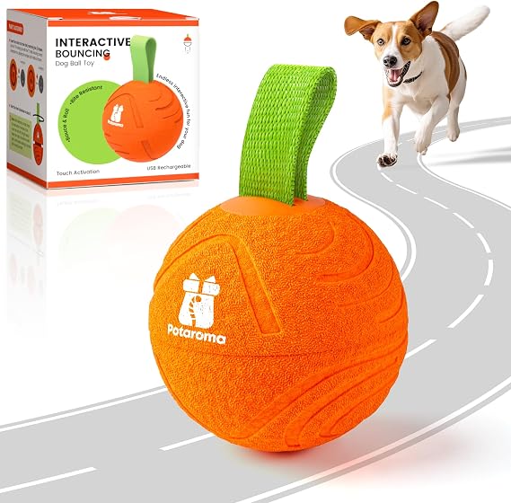 Potaroma Dog Ball Toys with Rope, Interactive Motion Activated 3 Mode USB Bouncing Ball Toys Durable E-TPU Material for Medium/Large Dogs, 3.2"-Not for Aggressive Chewers